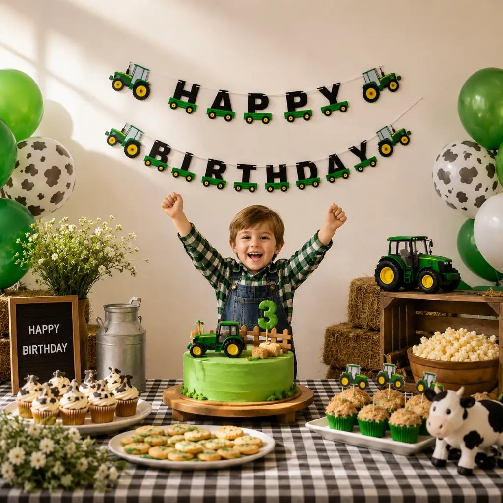 Green Yellow Tractor Happy Birthday Paper Banner