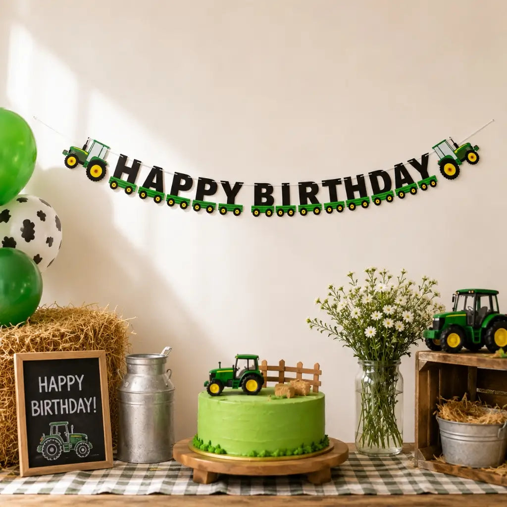 Green Yellow Tractor Happy Birthday Paper Banner