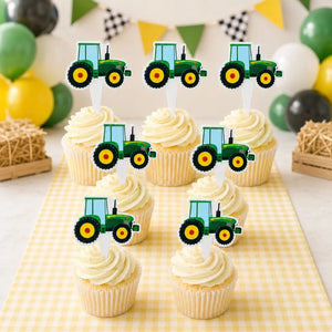 Green Yellow Tractor Paper Cupcake Toppers 7pk