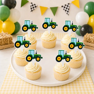 Green Yellow Tractor Paper Cupcake Toppers 7pk