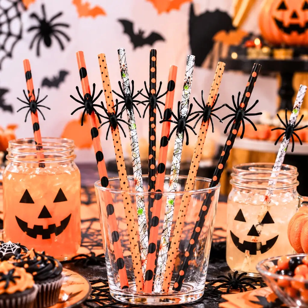 Pack of 10 Halloween Spider Paper Drinking Straws