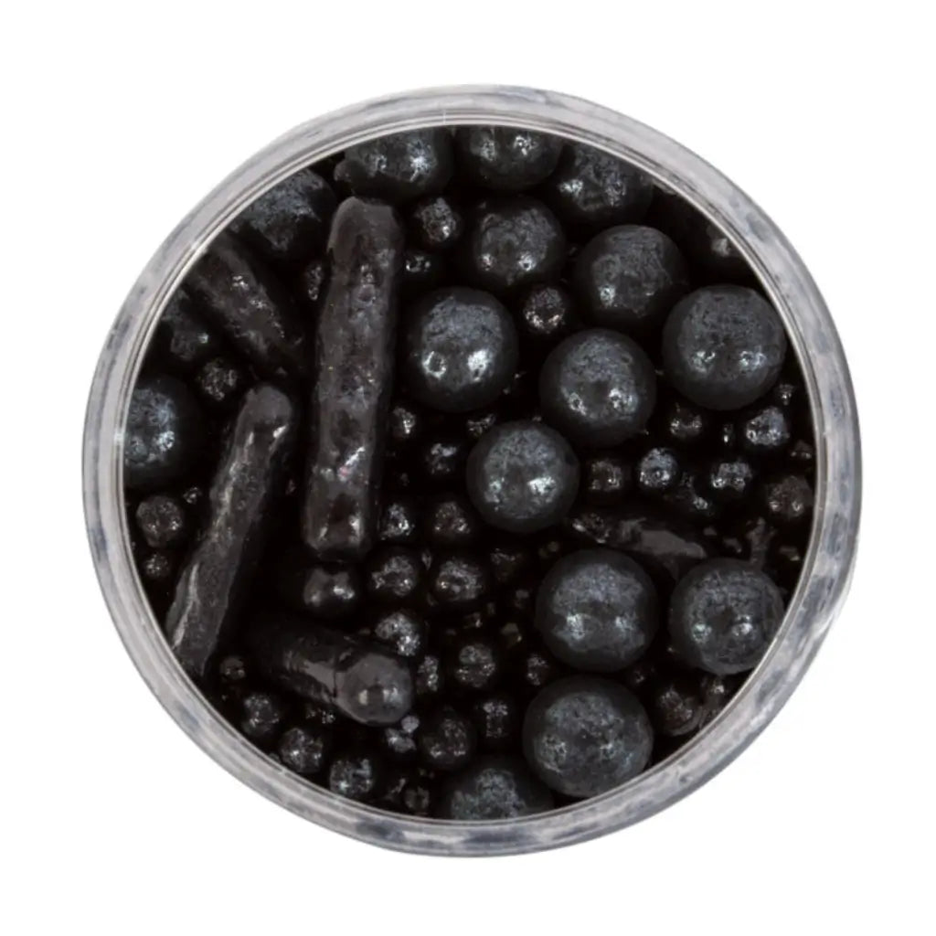 Sprinks Bubble and Bounce black sugar pearl sprinkles in a clear jar
