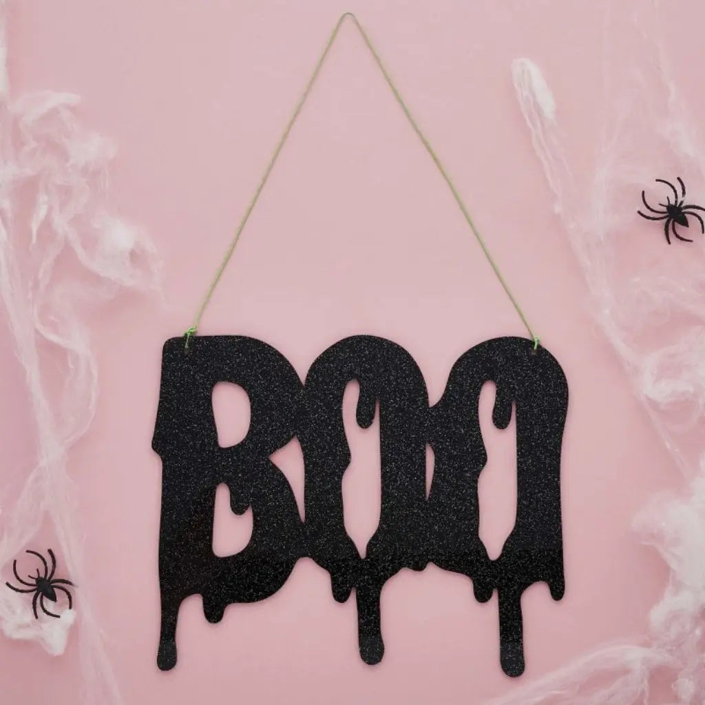 Halloween Boo black glitter acrylic hanging sign