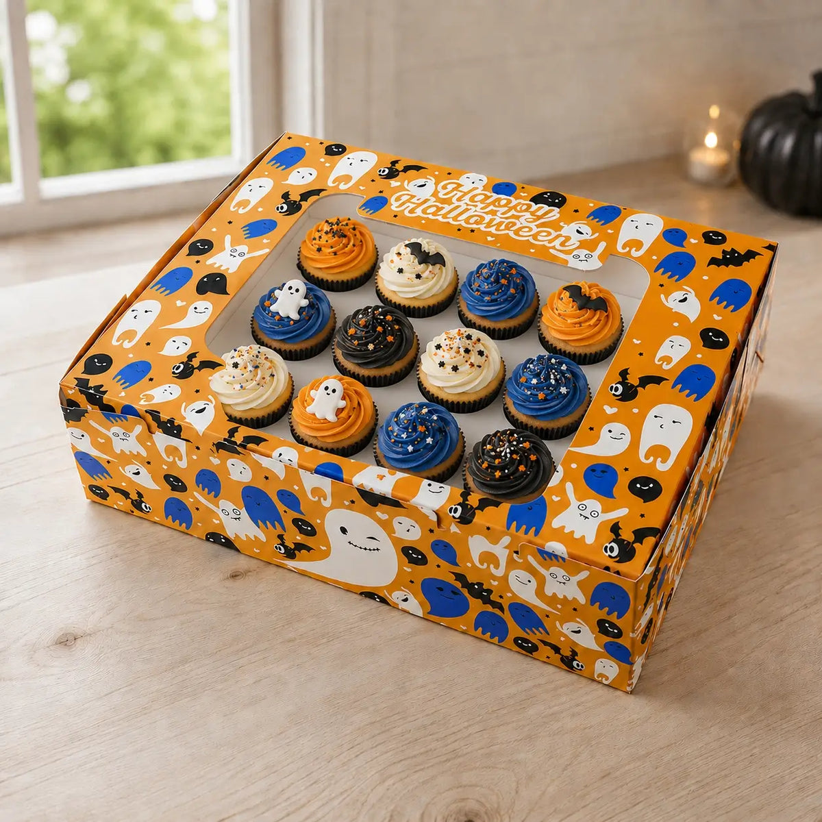 Cake Craft orange Halloween 12 cupcake box with clear window and insert