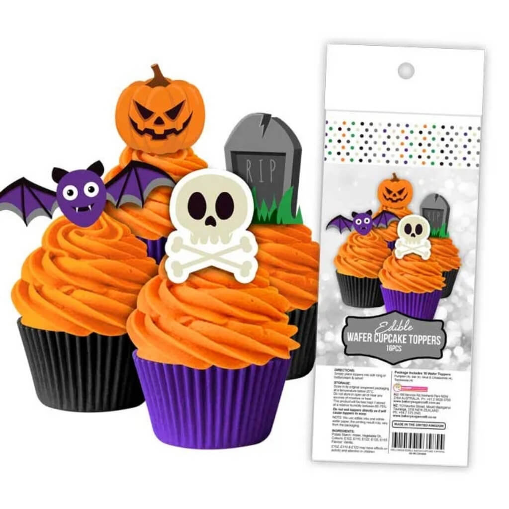 Halloween edible wafer cupcake toppers featuring pumpkins, bats, skulls and gravestones.