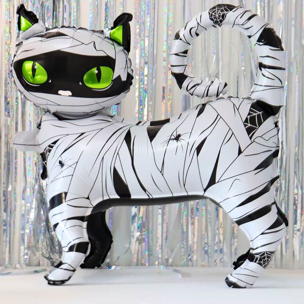halloween black cat mummy foil balloon with green eyes