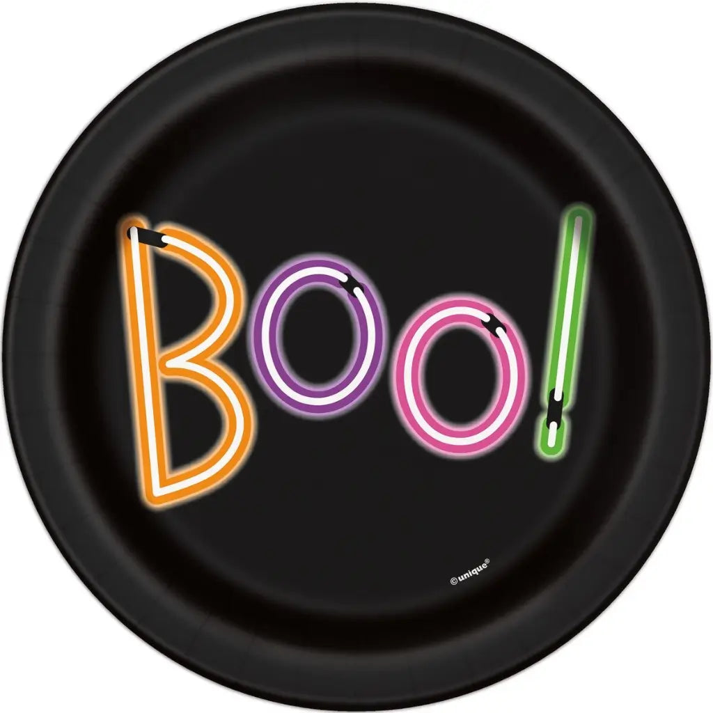 Halloween Neon Lights Paper Plates 18cm 8 Pack | Boo Plates