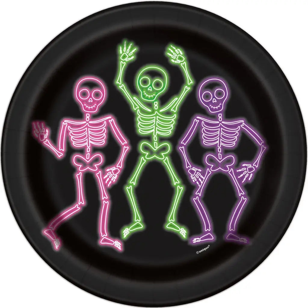 Halloween Neon Lights Paper Plates 23cm 8 Pack | Skeleton Plates