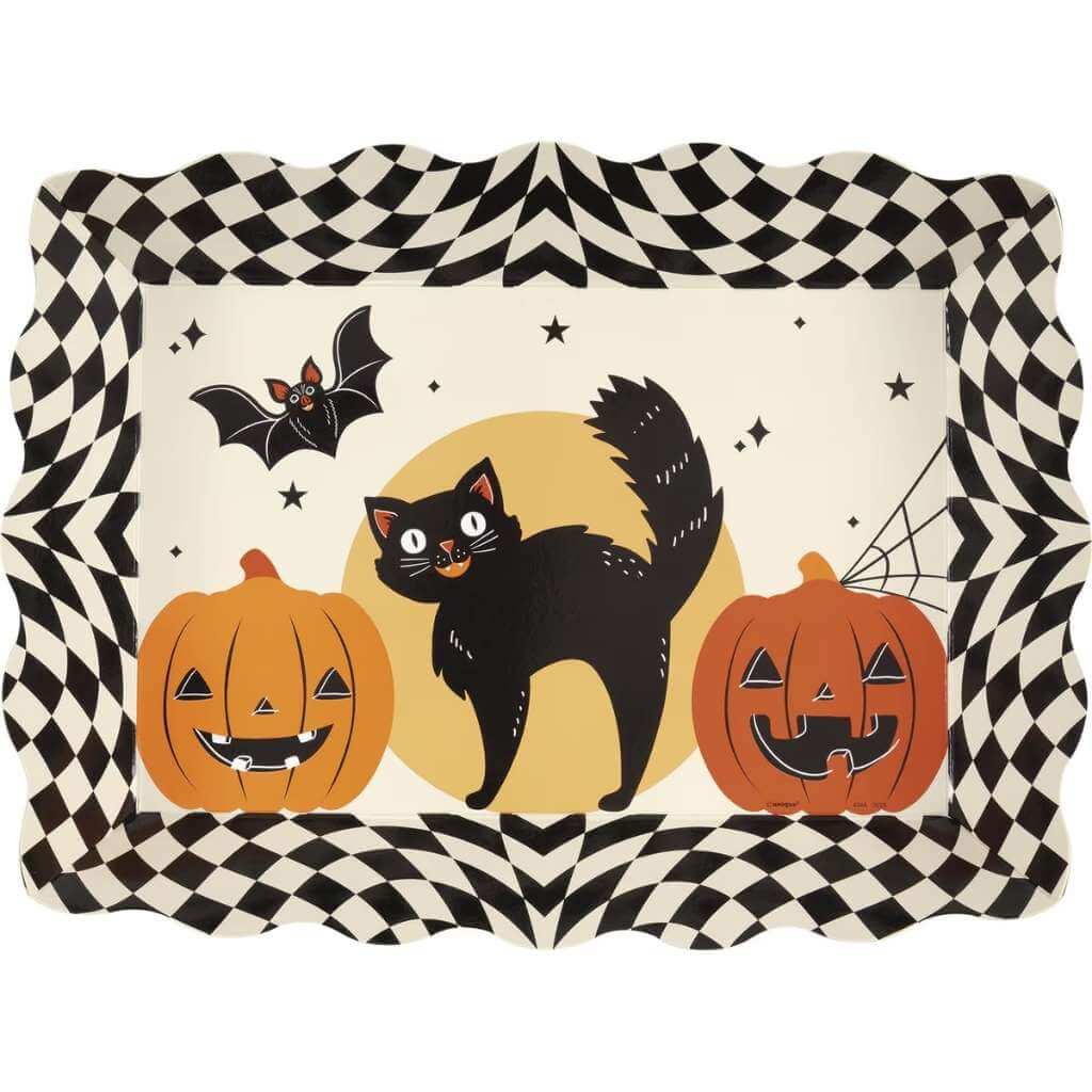 Halloween-themed placemat with black cat, pumpkins, and bats on a checkered border.