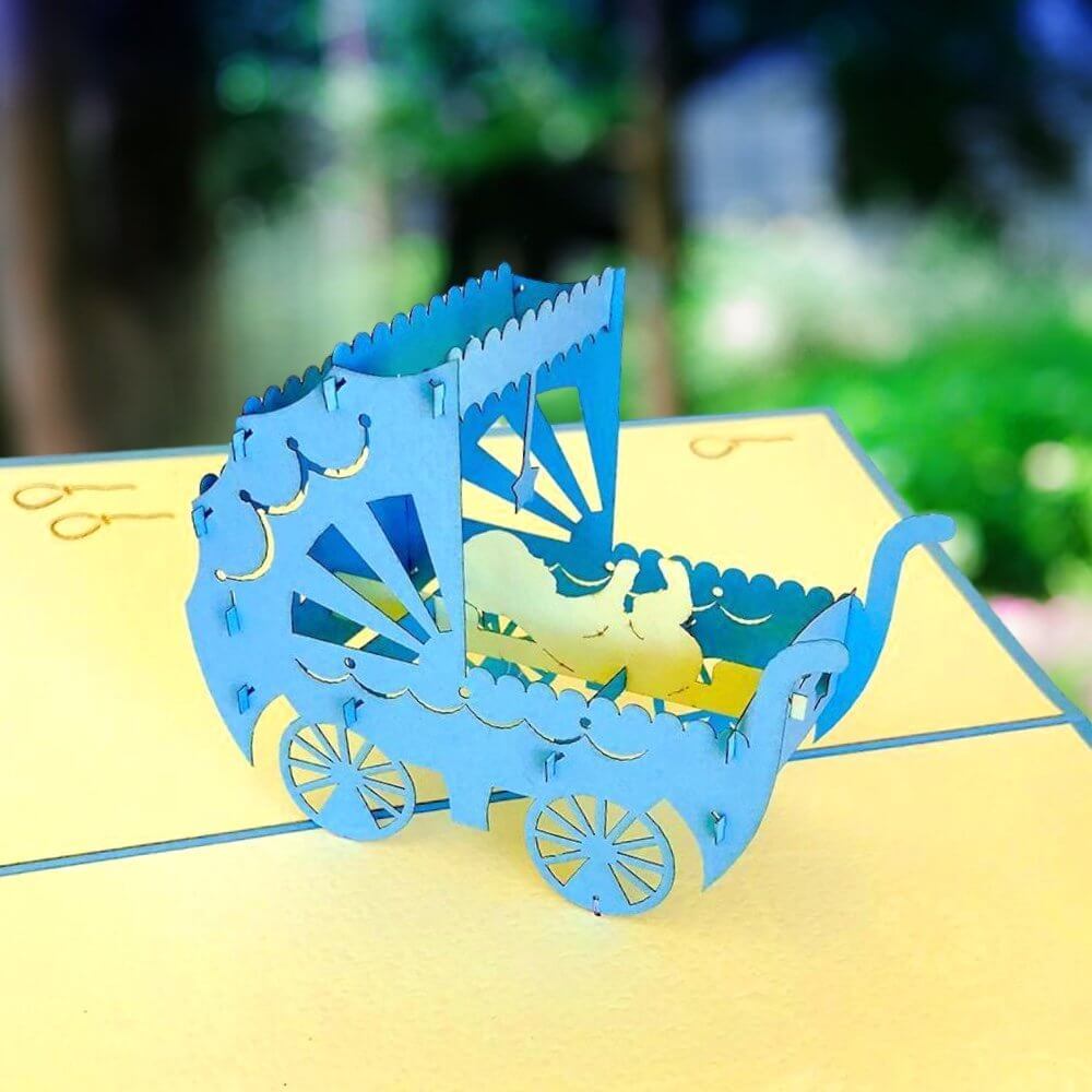 Handmade Blue Baby Pram Pop Up Card - vintage