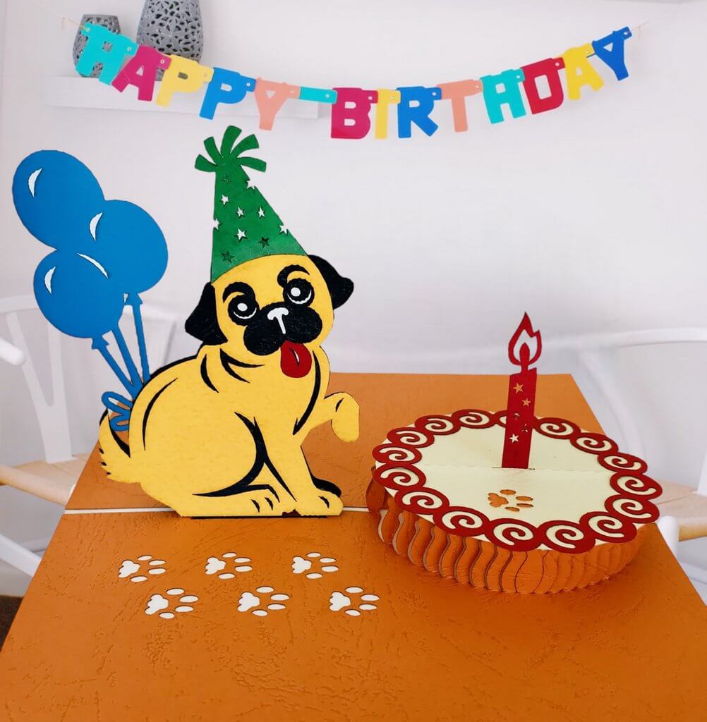 Handmade Happy Birthday Pug Dog Pop Up Card - Online Party Supplies