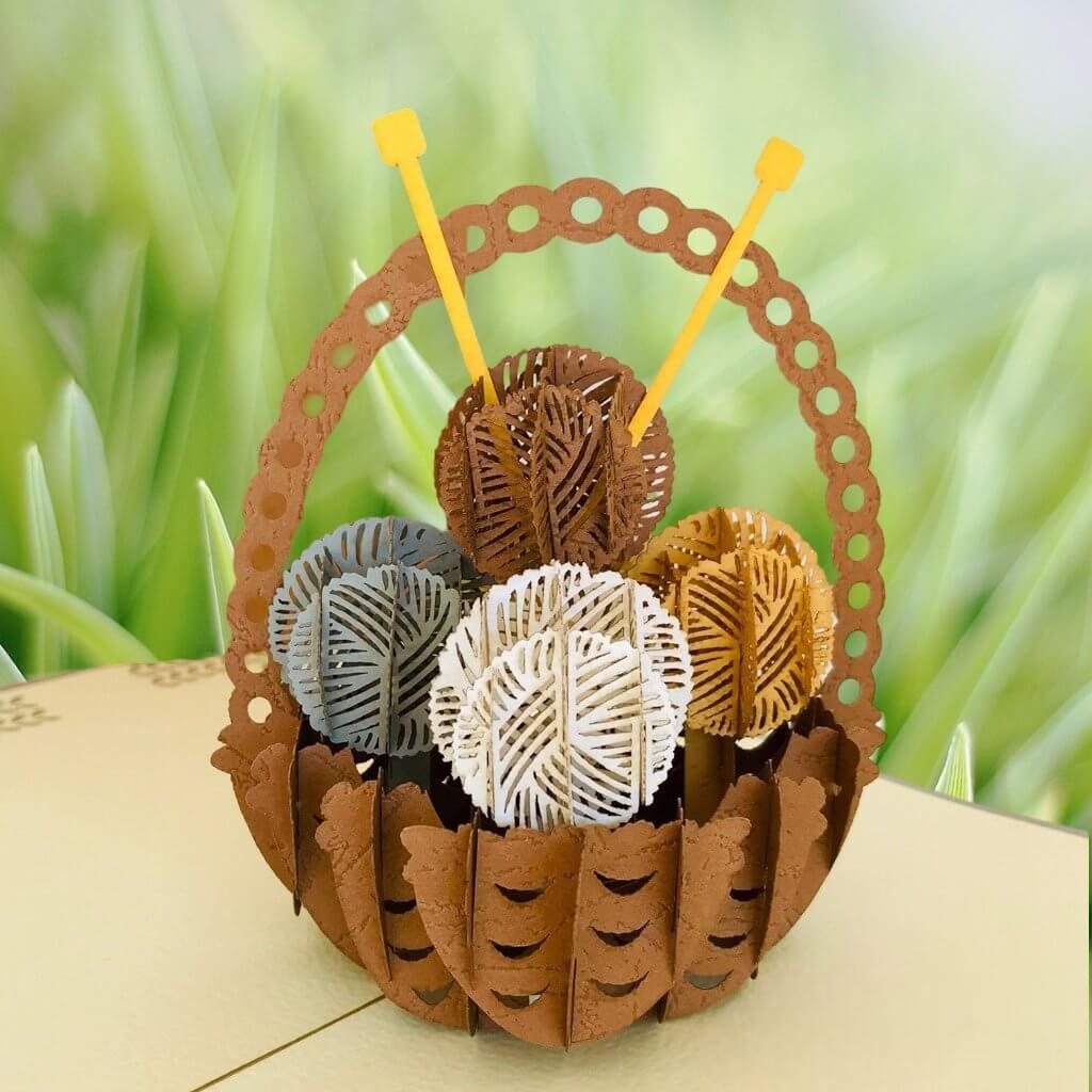 Handmade Knitting Yarn Basket Grey Cover Pop Up Greeting Card - Online Party Supplies