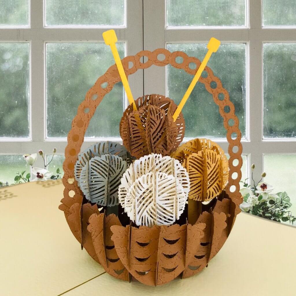 Handmade Knitting Yarn Basket Grey Cover Pop Up Greeting Card - Online Party Supplies