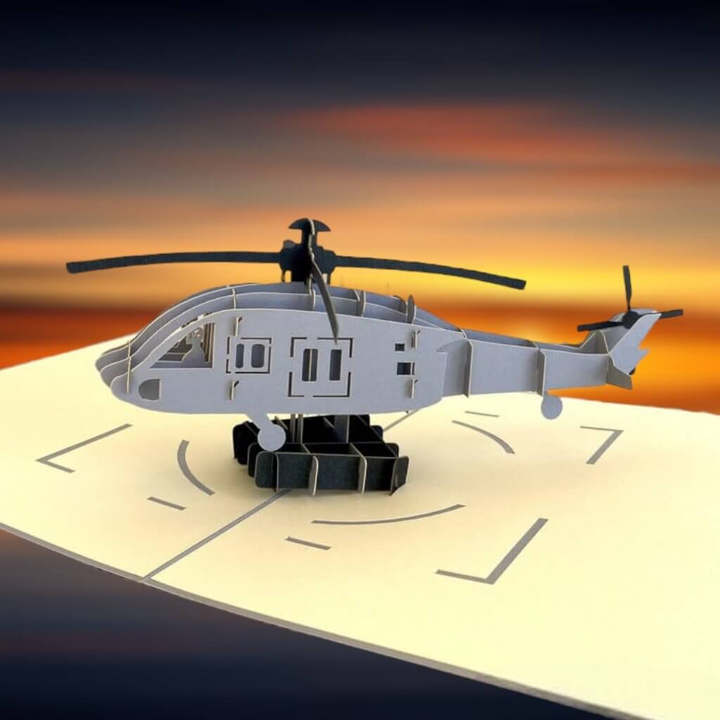 Handmade Grey Helicopter 3D Pop Up Greeting Card - Pop Up Transportation Card