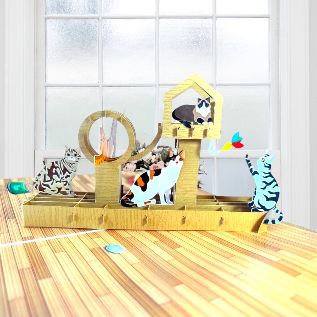Handmade Wooden Cat Tree 3D Pop Up Greeting Card