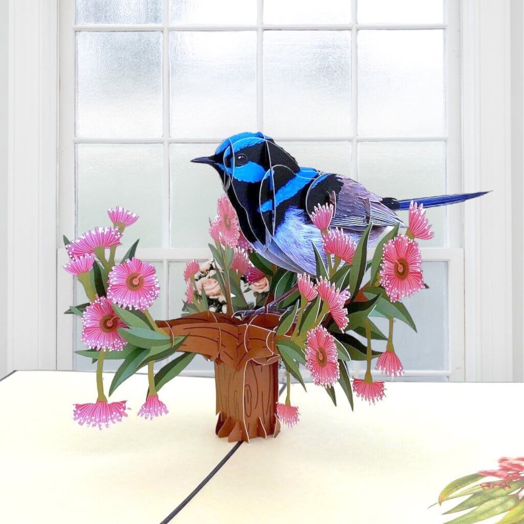 Handmade Australian Native Superb Blue Fairy Wren 3D Pop Up Greeting Card - Australian Native Bird Pop Up Cards - Cards for Bird Lovers