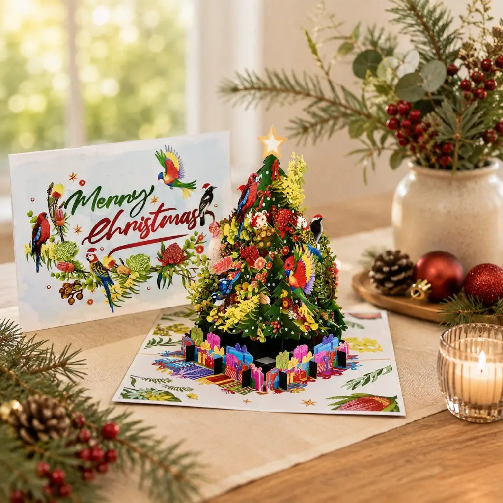 Australian Native Birds & Flowers Christmas Tree Pop-Up Greeting Card