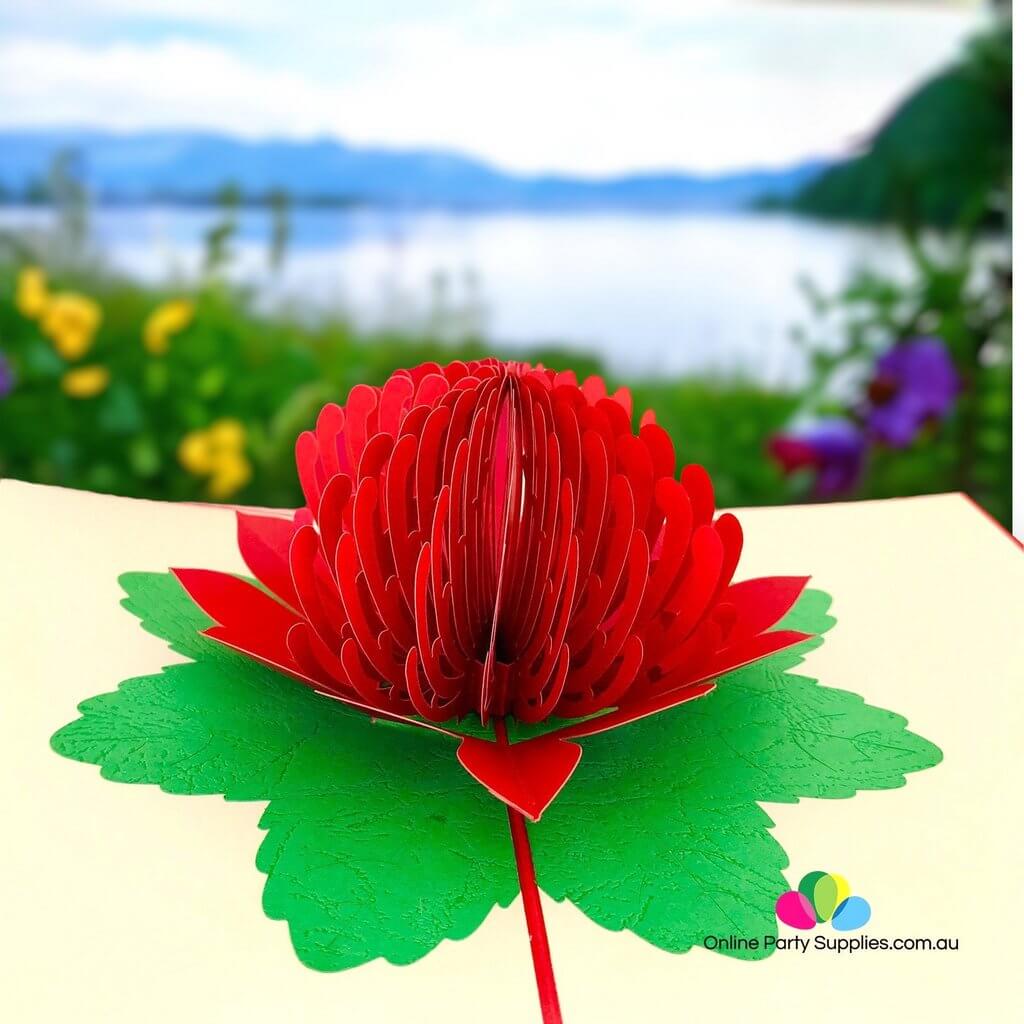 Handmade Australian Native Flower Red Waratah Pop Up Greeting Card - Online Party Supplies