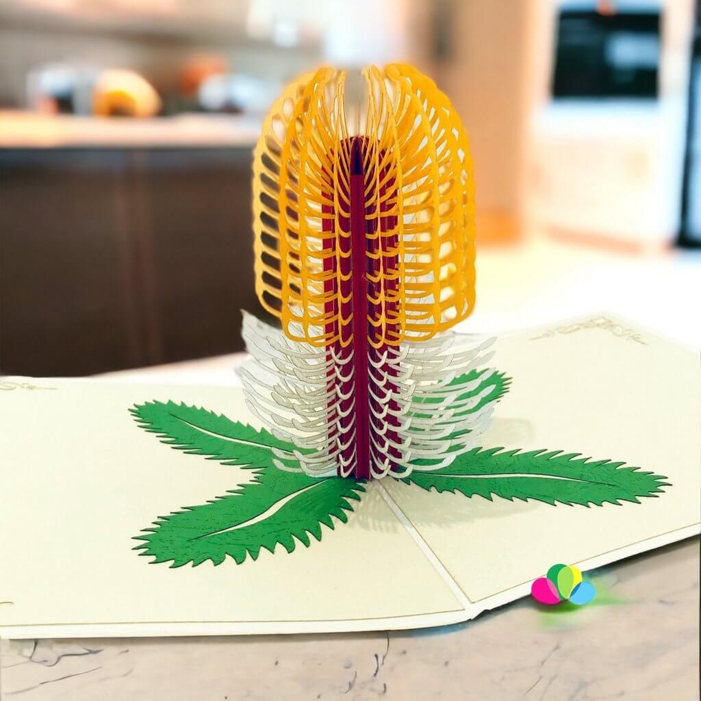 Handmade Australian Native Flower Yellow White Banksia Pop Up Greeting Card - White Cover