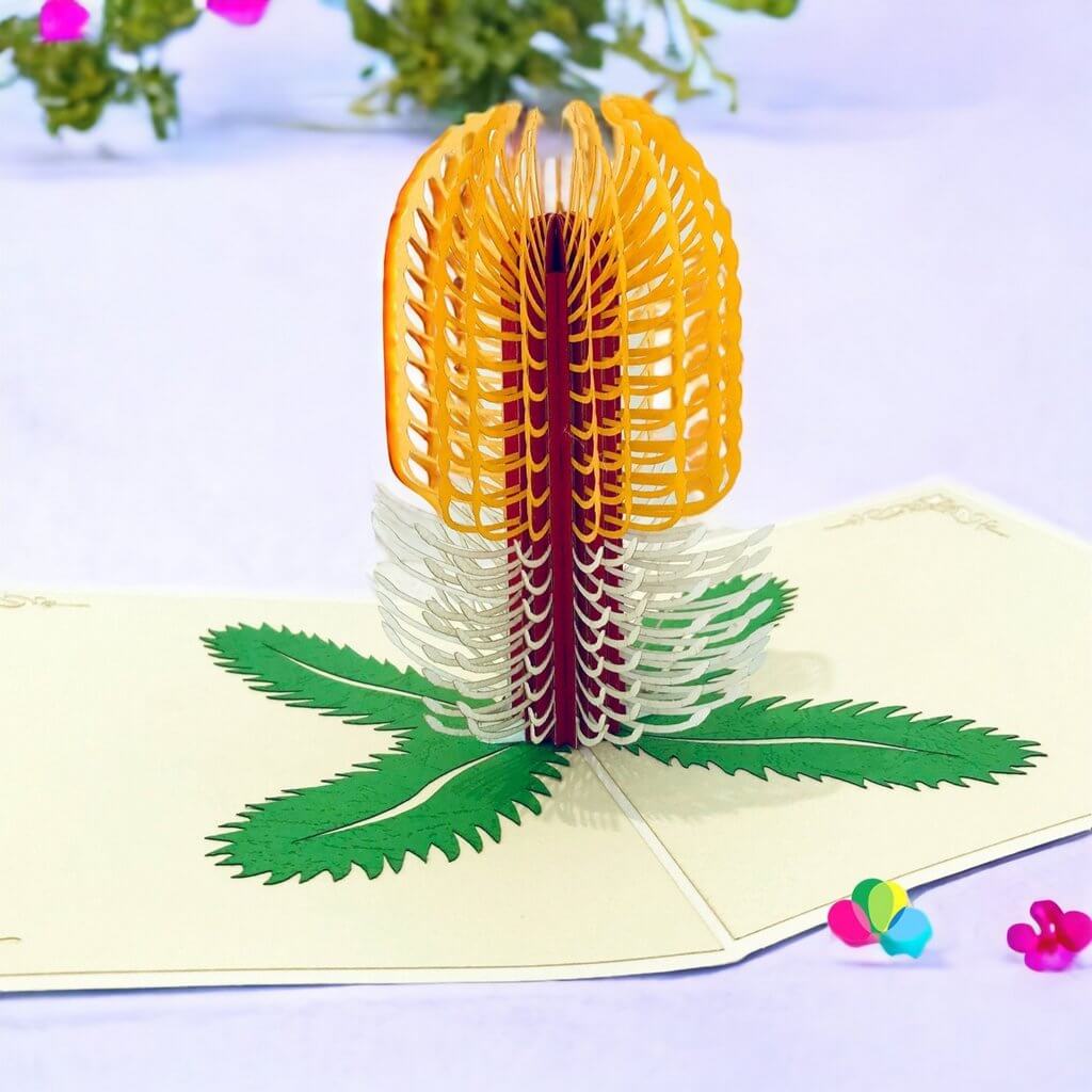 Handmade Australian Native Flower Yellow White Banksia Pop Up Greeting Card - White Cover