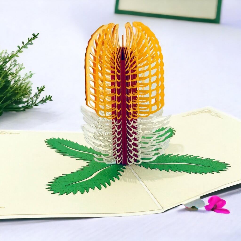 Handmade Australian Native Flower Yellow White Banksia Pop Up Greeting Card - Online Party Supplies