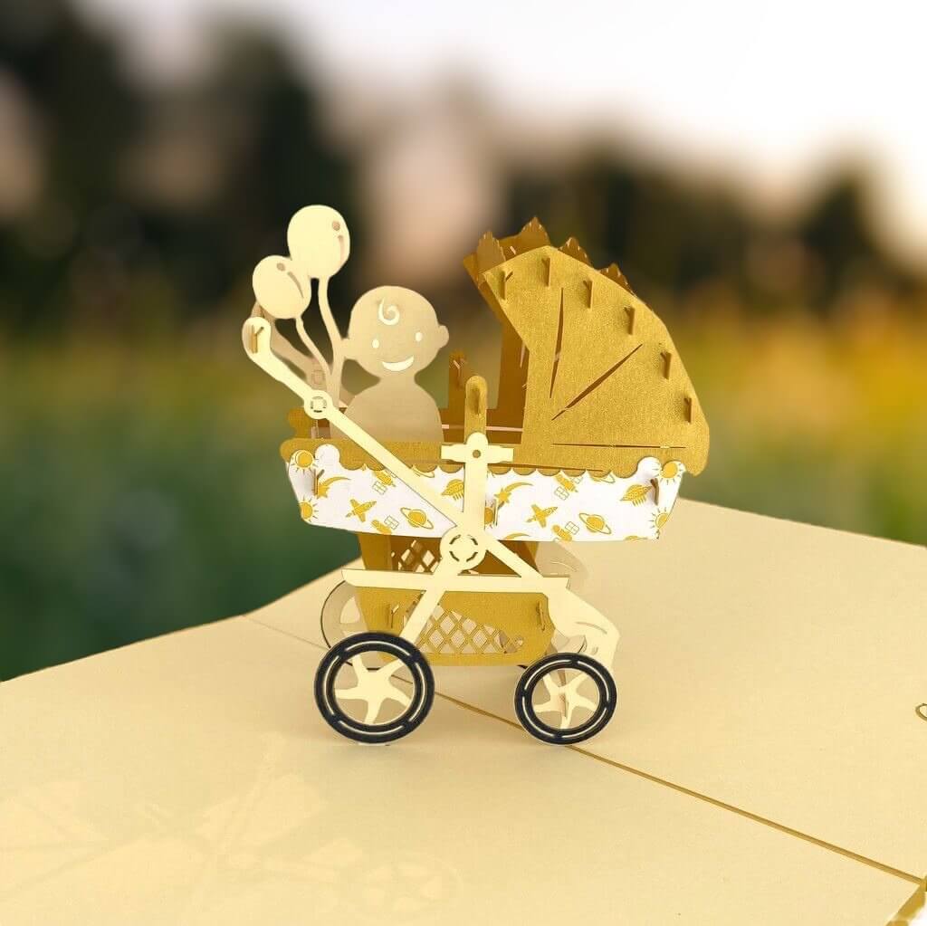 Handmade Large Gold Pram 3D Baby Shower Pop Up Card