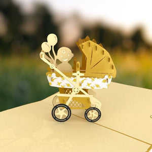 Handmade Baby In Gold Pram 3D Pop Up Baby Shower Card Invitation