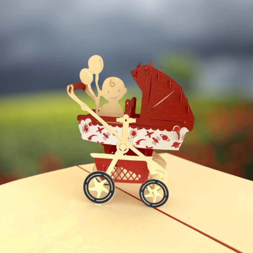 Handmade Baby In Red Pram 3D Pop Up Card