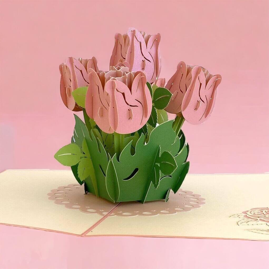 Handmade Baby Pink Rose Bouquet 3D Pop Up Greeting Card - Mother's Day, Valentine's Day Pop Up Cards - Wedding Invitations