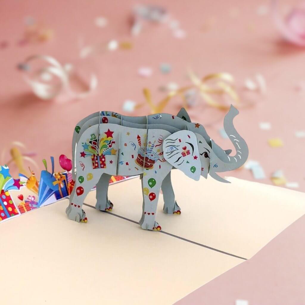 Handmade Online Party Supplies Asian Elephant with Presents 3D Birthday Pop Up Card