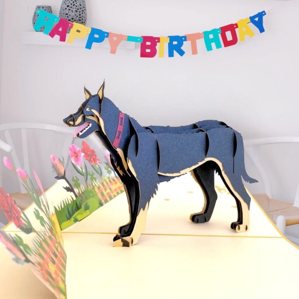 Handmade Black Australian Kelpie Dog in Flower Garden Pop Up Card - 3D Animal Cards - Cards for Dog Lovers