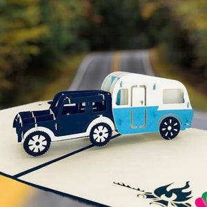 Handmade Blue 4WD Towing Vintage Caravan Pop Up Card - Online Party Supplies
