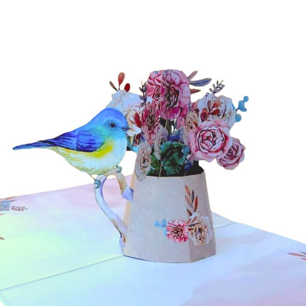 Blue Bird on Vintage Rose Watering Can Pop Card