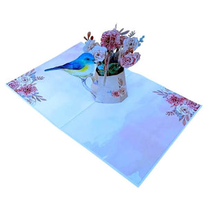 Blue Bird on Vintage Rose Watering Can Pop Card