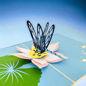 Handmade Blue Dragonfly Landing on Lotus Pop Up Card - Online Party Supplies