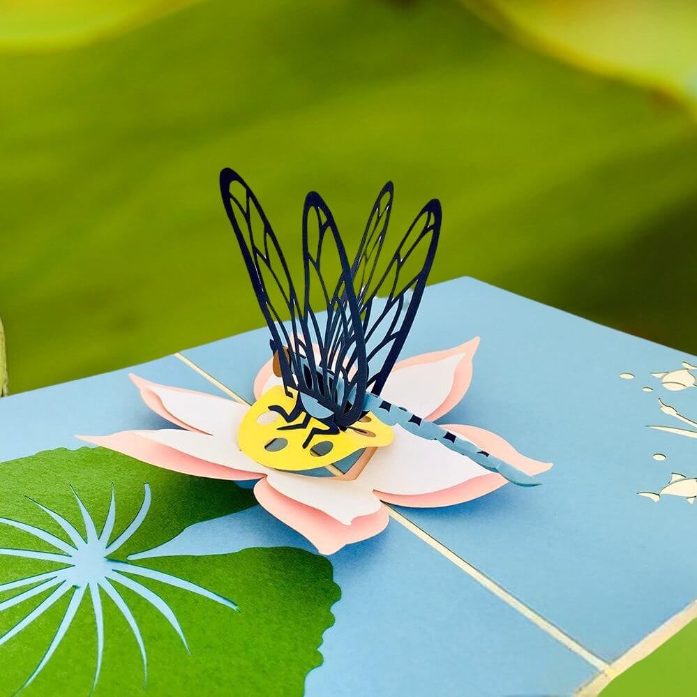 Handmade Blue Dragonfly Landing on Lotus Pop Up Card - Online Party Supplies