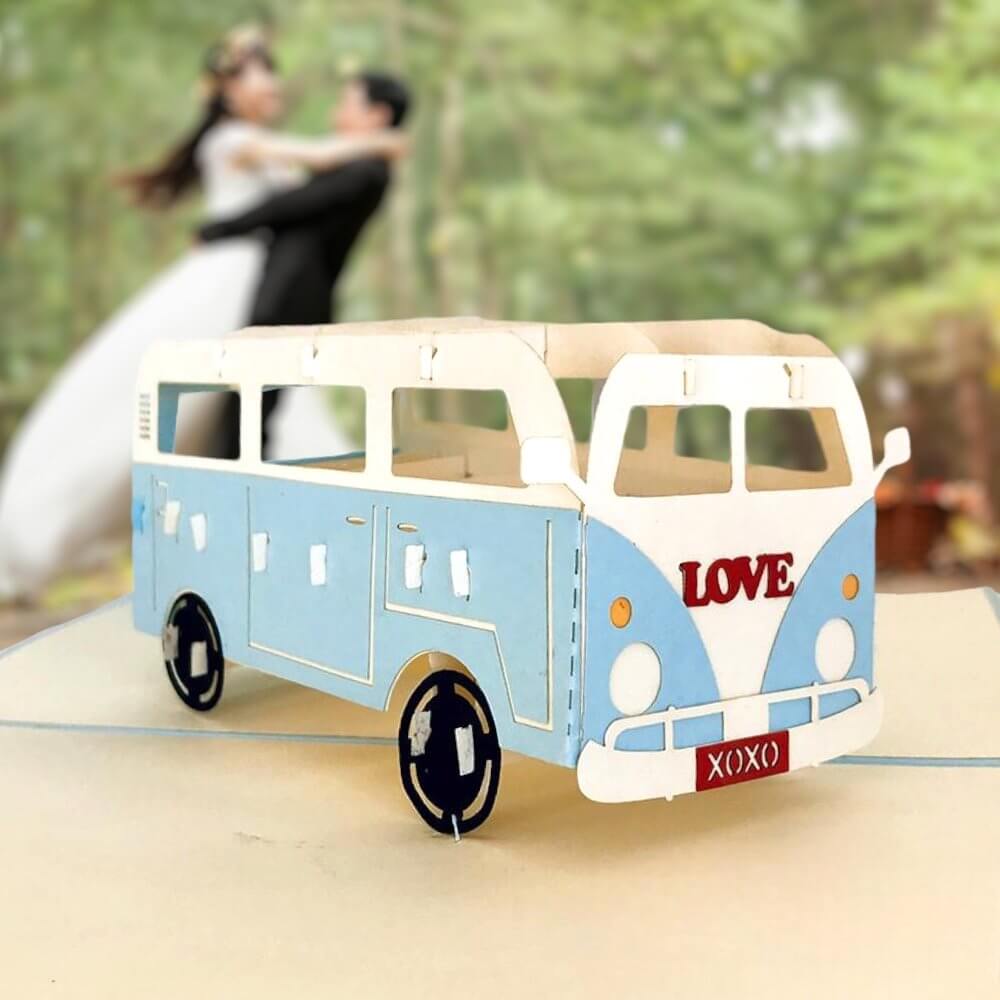 Handmade Blue Vintage VW Kombi Camper Pop Up Card - Online Party Supplies