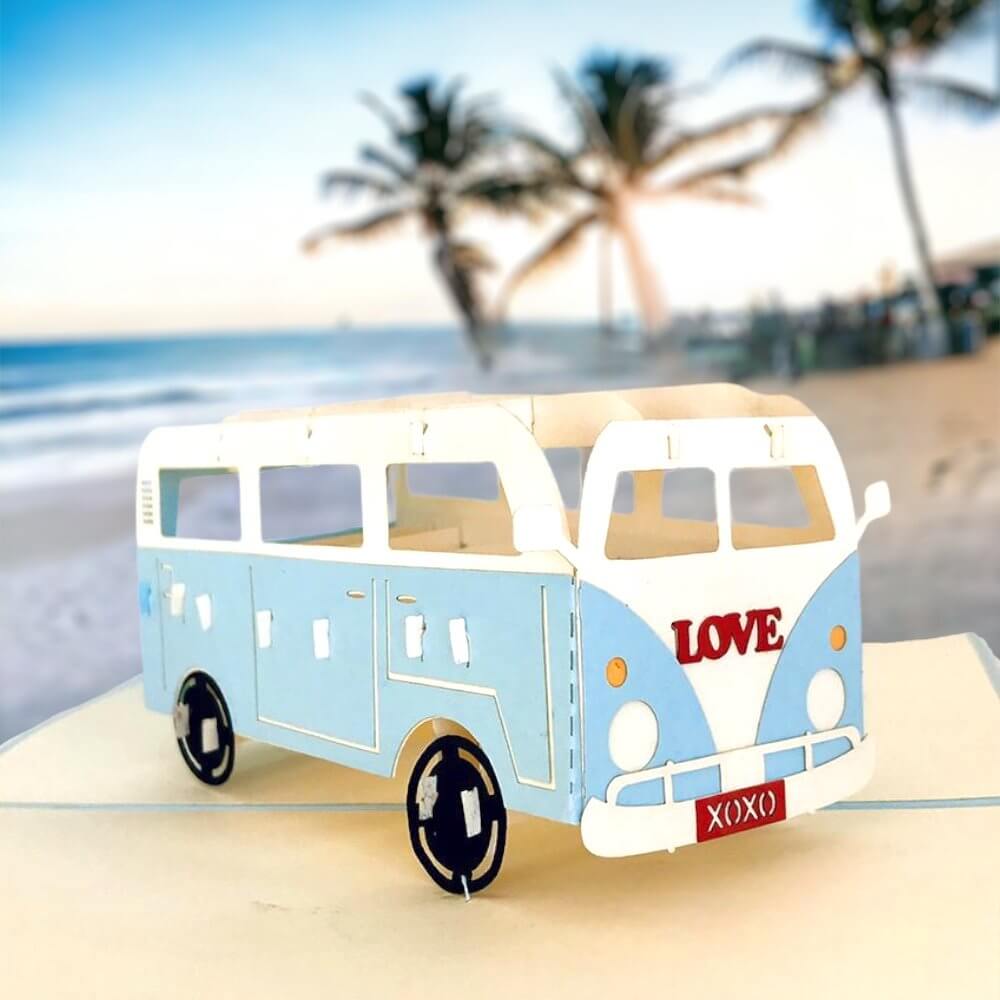 Handmade Blue Vintage VW Kombi Camper Pop Up Card - Online Party Supplies