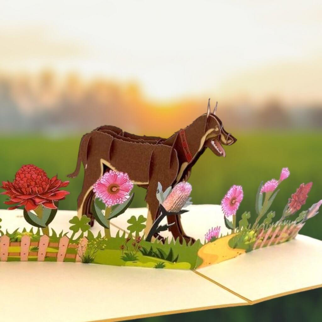 Handmade Brown Australian Kelpie Dog in Flower Garden Pop Up Card - 3D Animal Cards - Cards for Dog Lovers