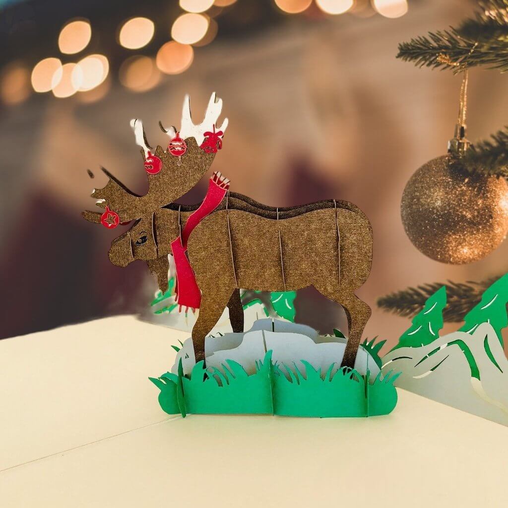 Handmade Brown Christmas Moose Pop Up Greeting Card - Online Party Supplies