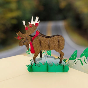 Handmade Brown Christmas Moose Pop Up Greeting Card - Online Party Supplies