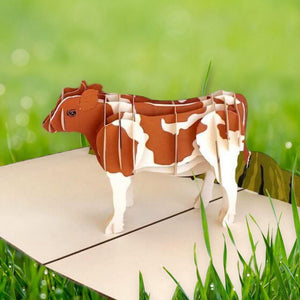Handmade Online Party Supplies Brown and White Australian Cow 3D Animal Pop Up Birthday Card