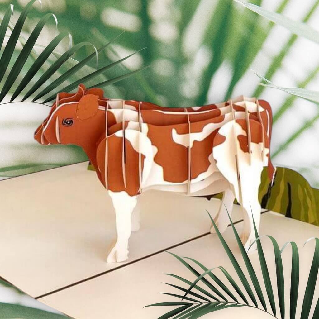 Handmade Online Party Supplies Brown and White Australian Cow 3D Animal Pop Up Birthday Card