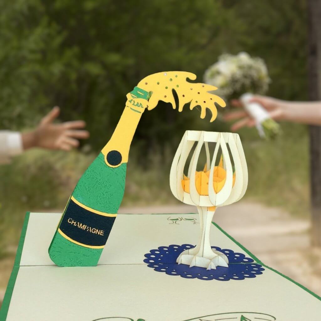 Handmade Champagne Bottle and Glass 3D Pop Up Card - Online Party Supplies