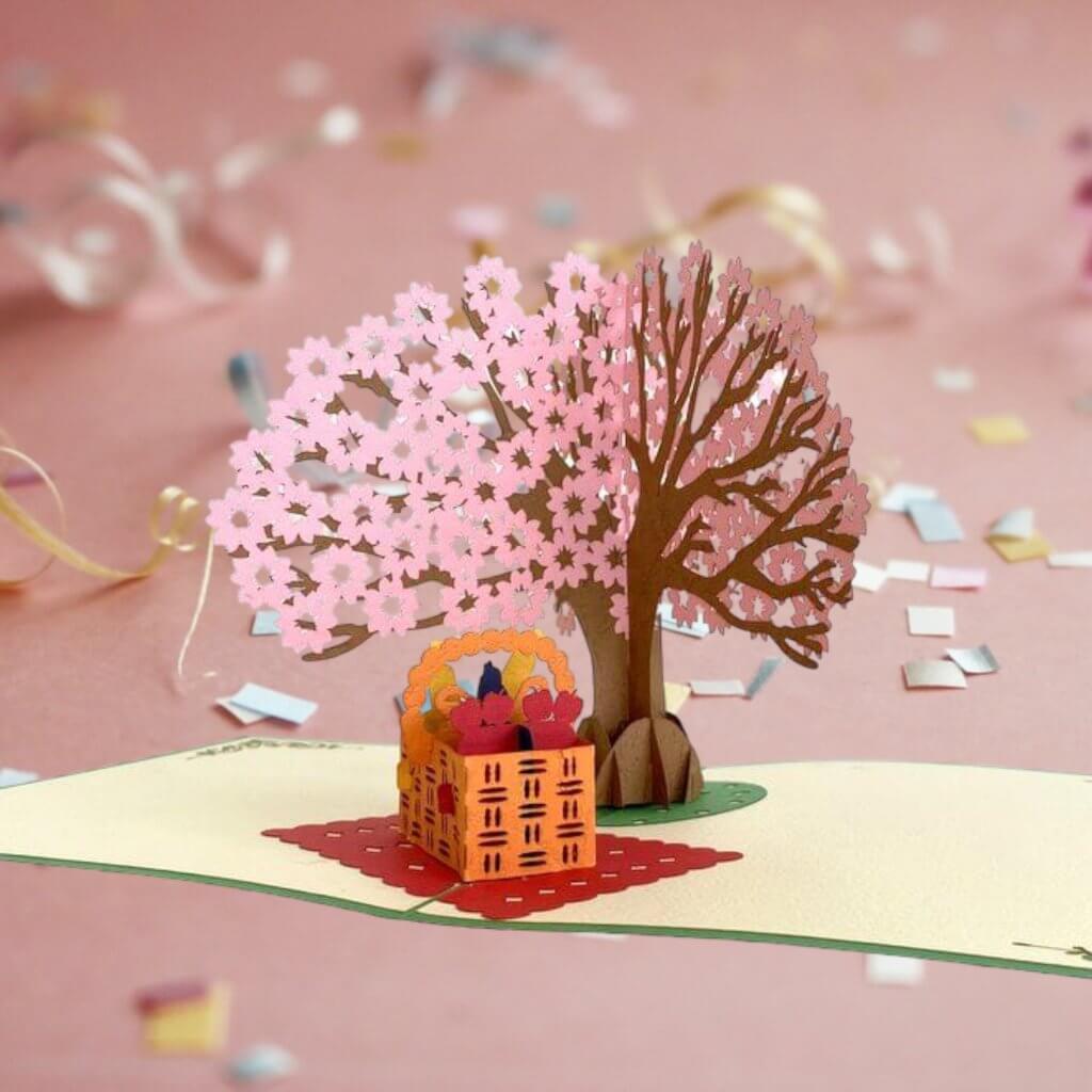 Handmade Cherry Blossom Tree with a Picnic Basket Pop Up Greeting Card