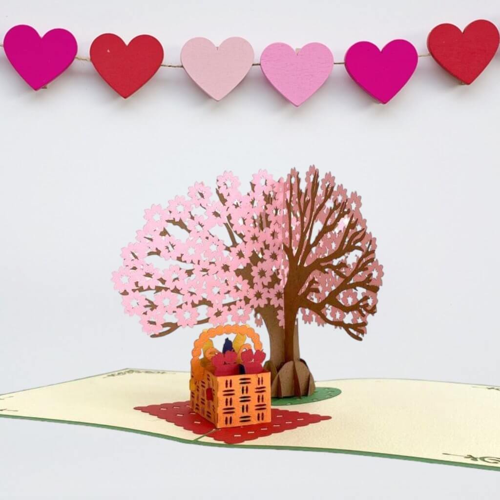 Handmade Cherry Blossom Tree with a Picnic Basket Pop Up Greeting Card