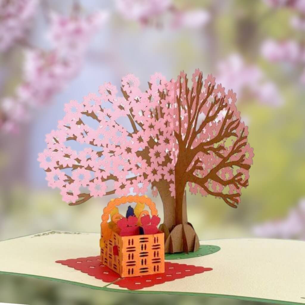Handmade Cherry Blossom Tree with a Picnic Basket Pop Up Greeting Card