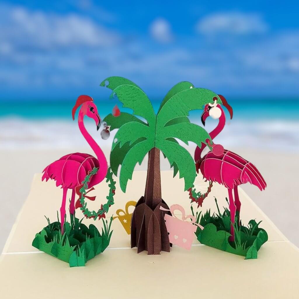 Handmade Christmas Pink Flamingos 3D Pop Up Card