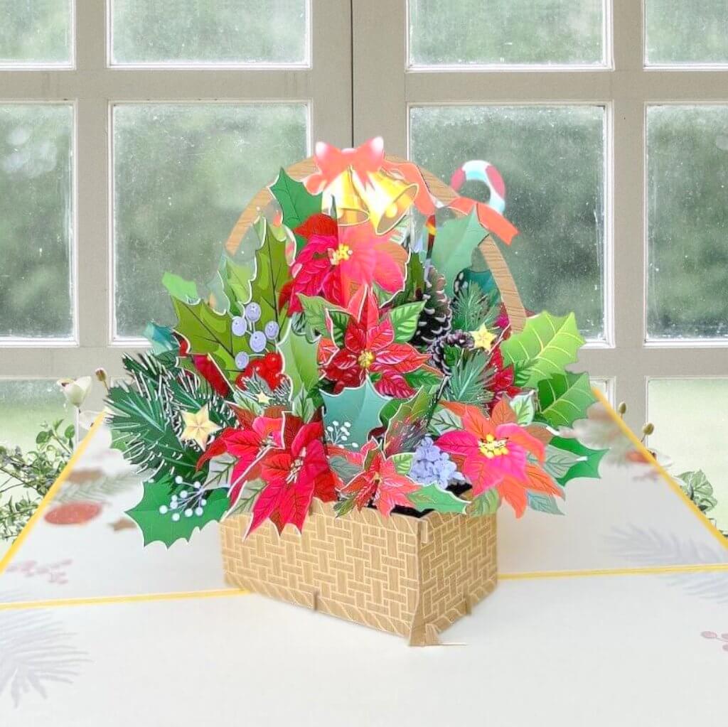 Christmas Poinsettia Flower Basket 3D Pop Up Greeting Card