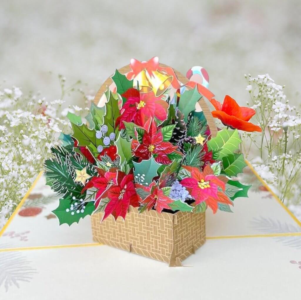 Christmas Poinsettia Flower Basket 3D Pop Up Greeting Card